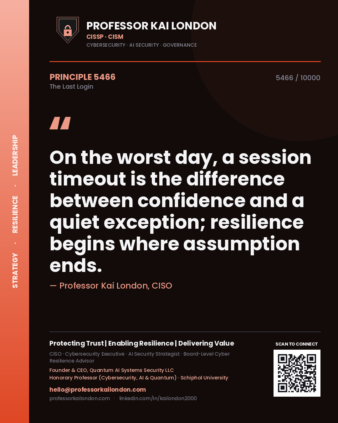 Quote card by Professor Kai London reading 'On the worst day, a session timeout is the difference between confidence and a quiet exception; resilience begins where assumption ends.'. From the book The Last Login.