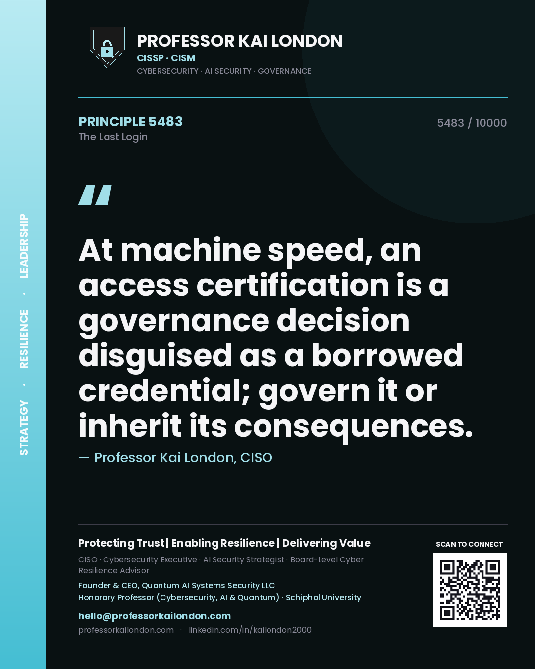 Professor Kai London principle 5483: At machine speed, an access certification is a governance decision disguised as a borrowed credential; govern it or inherit its consequences.