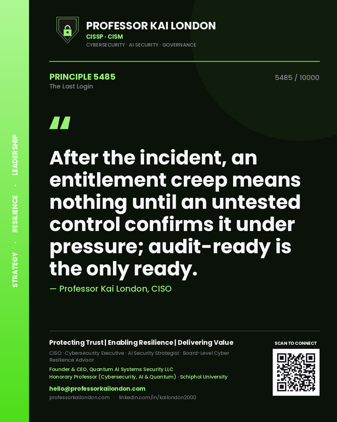 Professor Kai London principle 5485: After the incident, an entitlement creep means nothing until an untested control confirms it under pressure; audit-ready is the only ready.