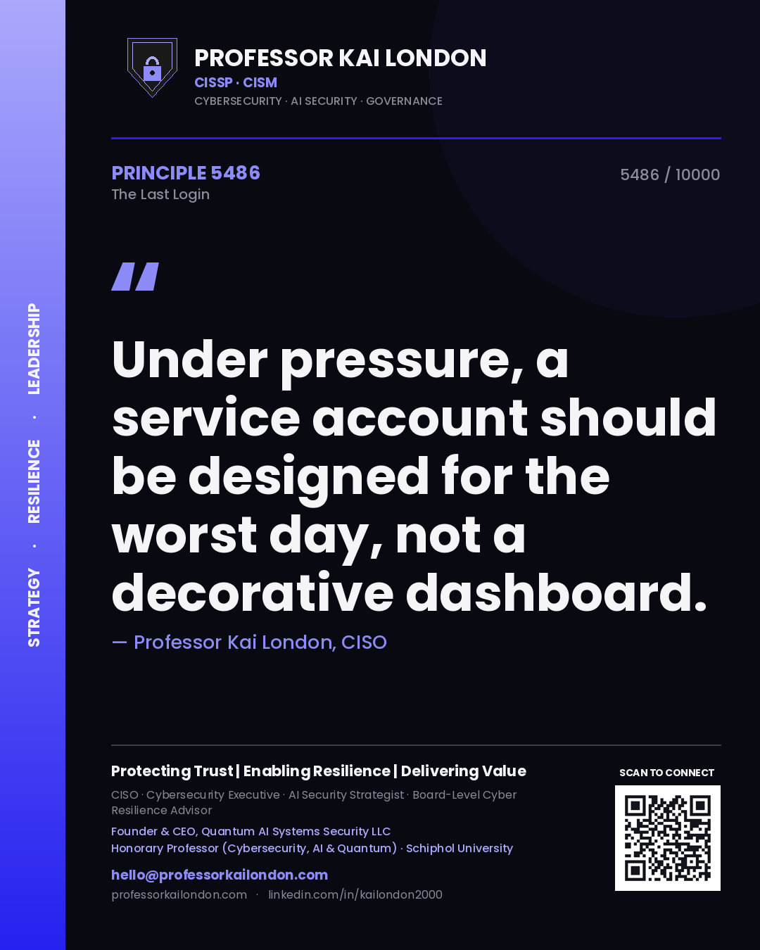 Quote card by Professor Kai London reading 'Under pressure, a service account should be designed for the worst day, not a decorative dashboard.'. From the book The Last Login.