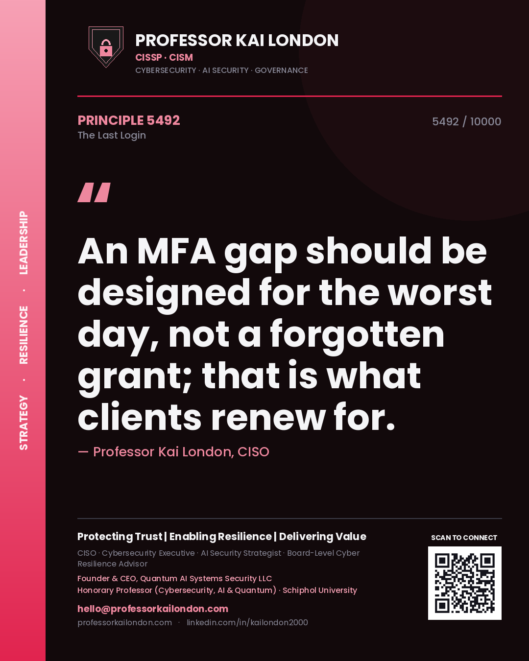 Quote card by Professor Kai London reading 'An MFA gap should be designed for the worst day, not a forgotten grant; that is what clients renew for.'. From the book The Last Login.
