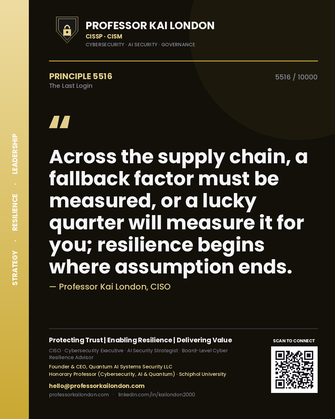 Quote card by Professor Kai London reading 'Across the supply chain, a fallback factor must be measured, or a lucky quarter will measure it for you; resilience begins where assumption ends.'. From the book The Last Login.