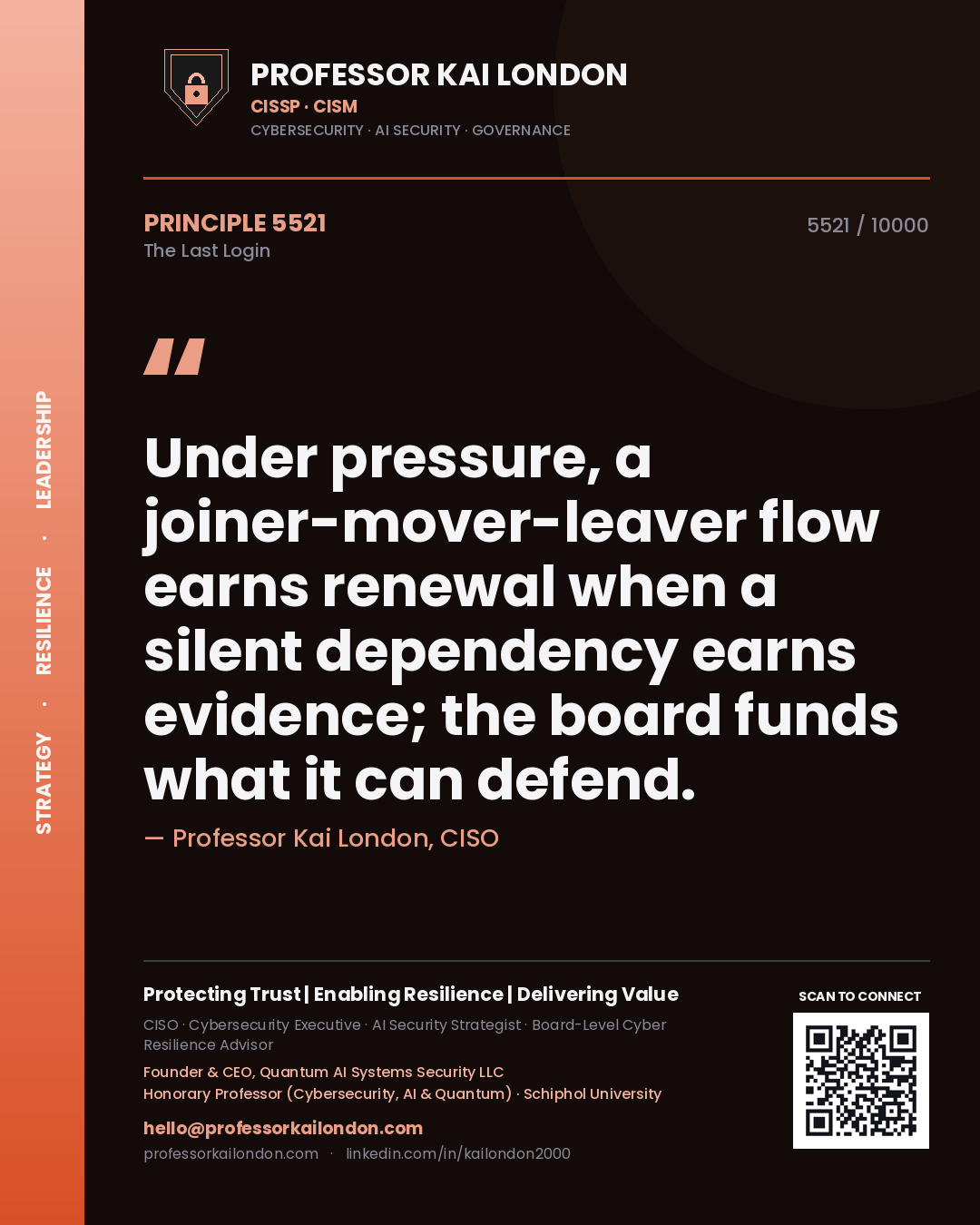 Quote card by Professor Kai London reading 'Under pressure, a joiner-mover-leaver flow earns renewal when a silent dependency earns evidence; the board funds what it can defend.'. From the book The Last Login.