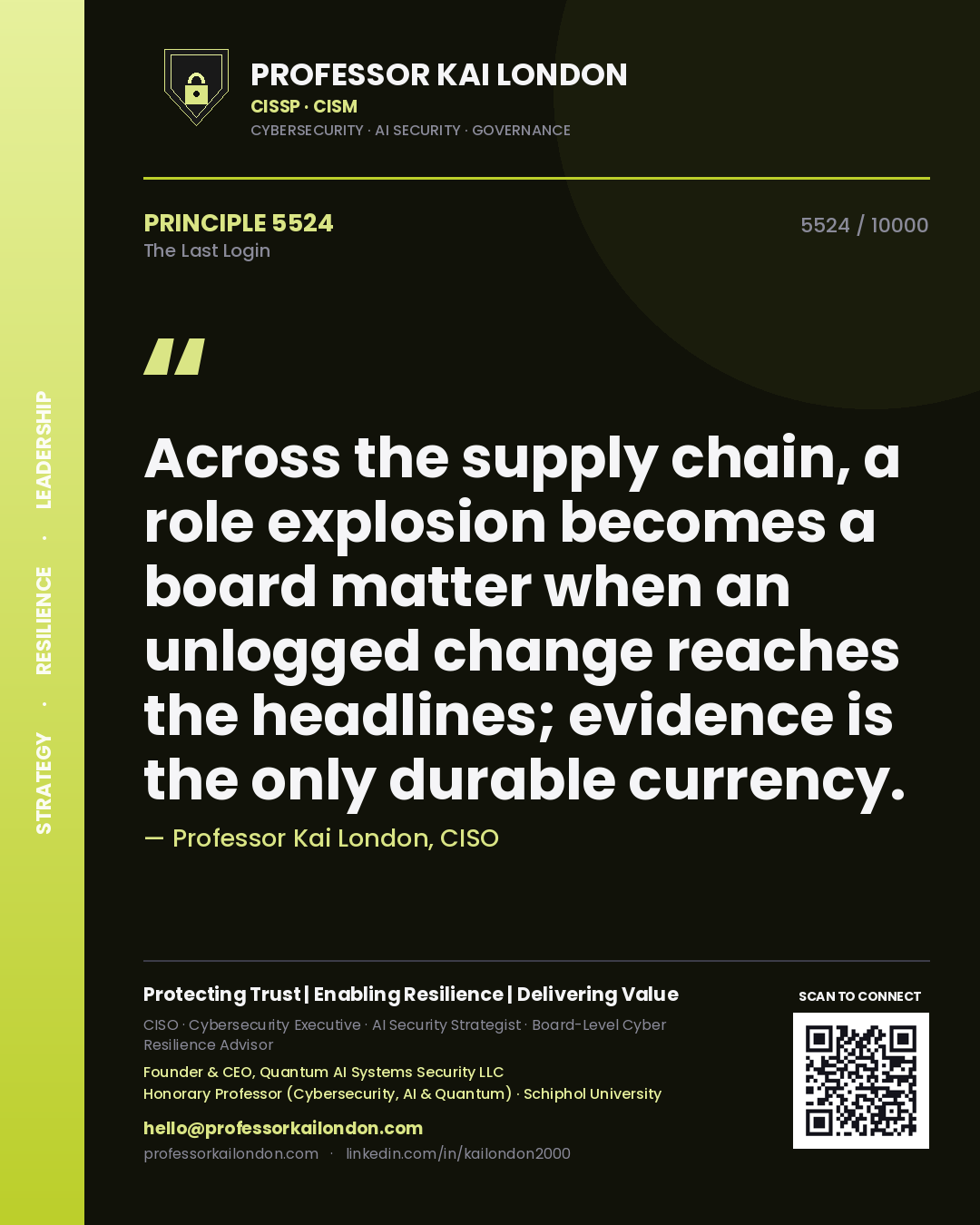 Professor Kai London principle 5524: Across the supply chain, a role explosion becomes a board matter when an unlogged change reaches the headlines; evidence is the only durable currency.