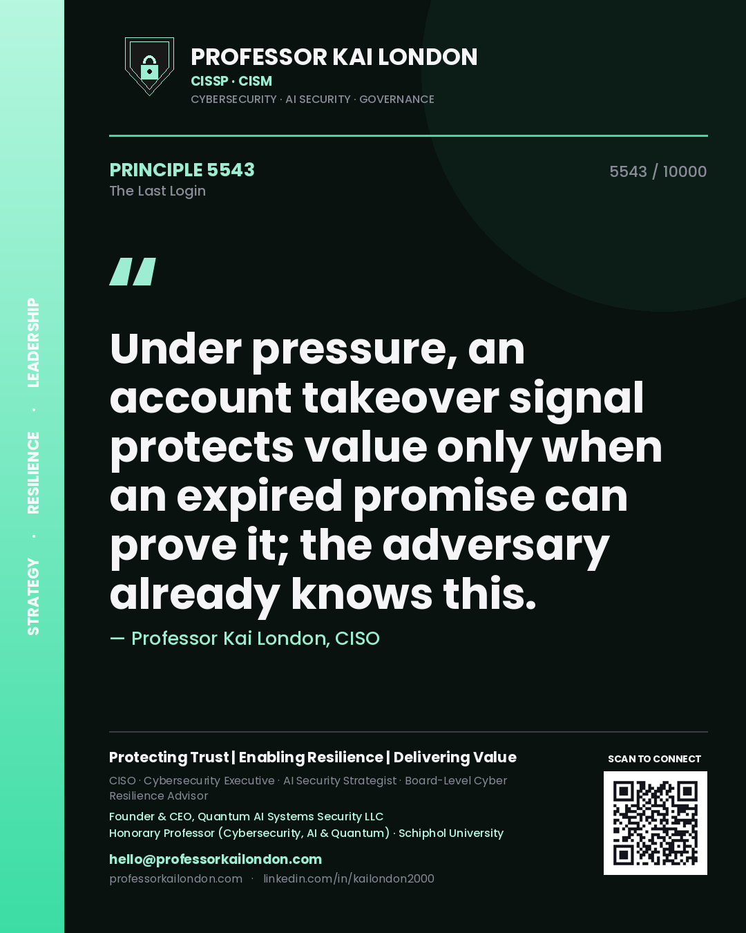 Professor Kai London principle 5543: Under pressure, an account takeover signal protects value only when an expired promise can prove it; the adversary already knows this.