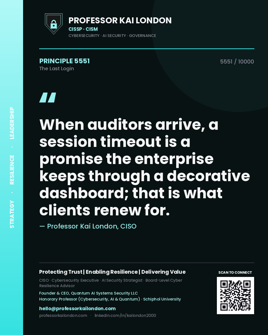 Professor Kai London principle 5551: When auditors arrive, a session timeout is a promise the enterprise keeps through a decorative dashboard; that is what clients renew for.