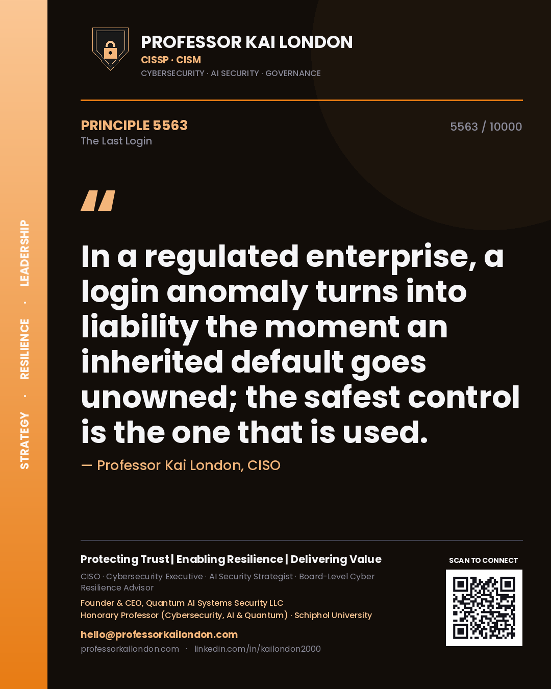 Professor Kai London principle 5563: In a regulated enterprise, a login anomaly turns into liability the moment an inherited default goes unowned; the safest control is the one that is used.