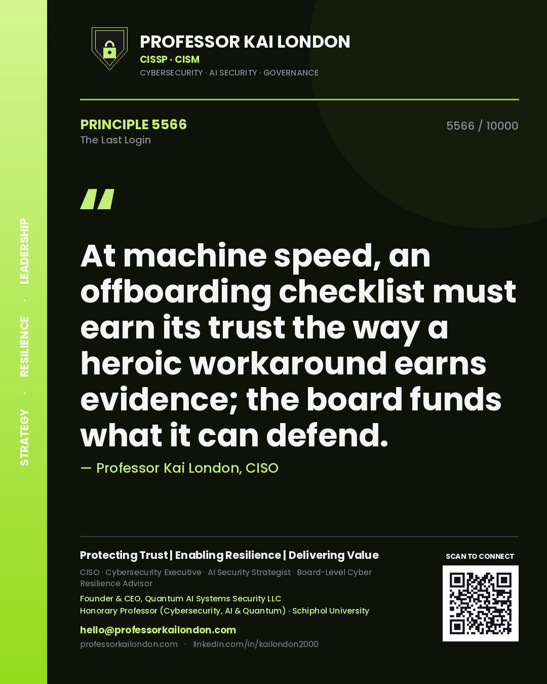 Quote card by Professor Kai London reading 'At machine speed, an offboarding checklist must earn its trust the way a heroic workaround earns evidence; the board funds what it can defend.'. From the book The Last Login.