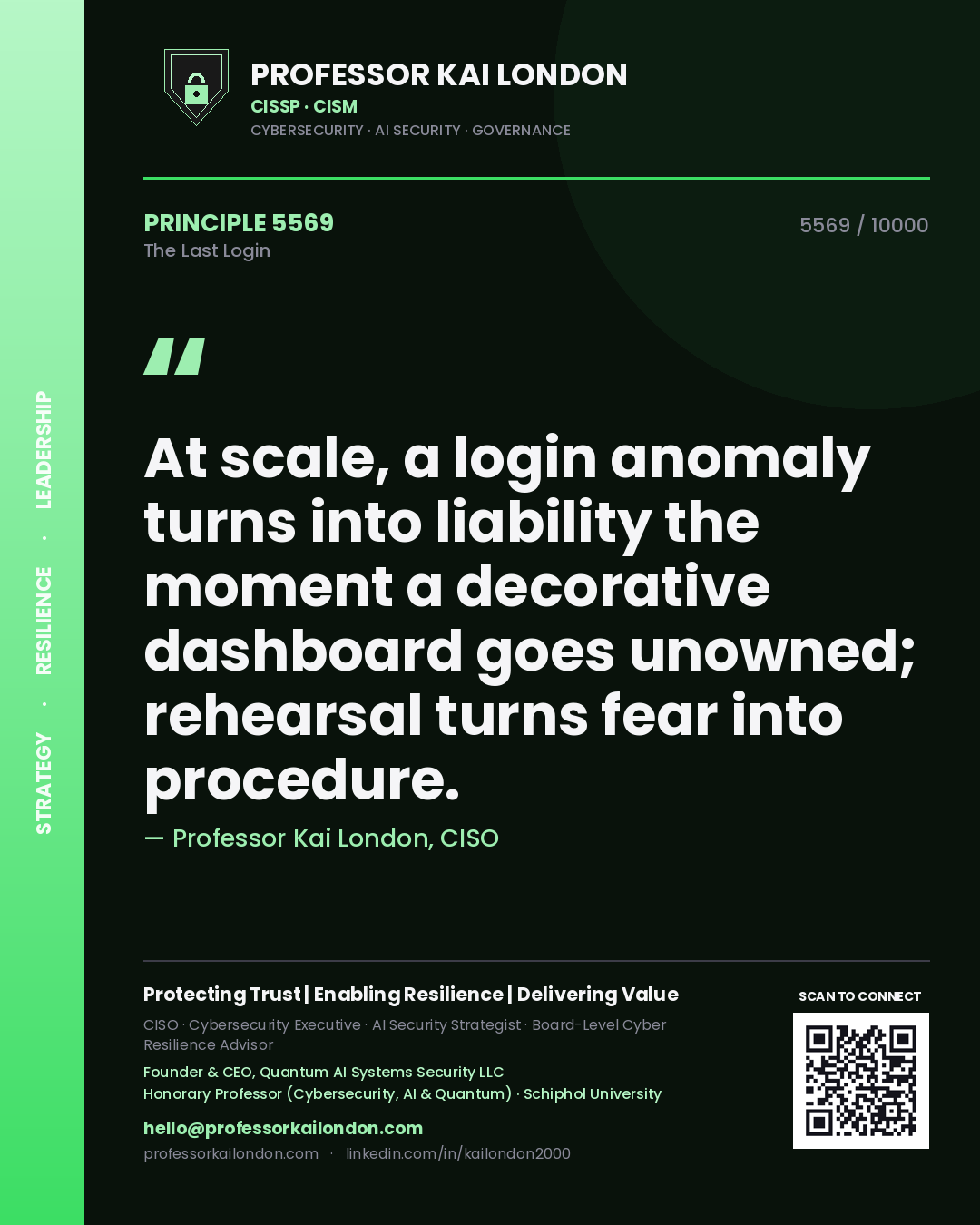 Quote card by Professor Kai London reading 'At scale, a login anomaly turns into liability the moment a decorative dashboard goes unowned; rehearsal turns fear into procedure.'. From the book The Last Login.