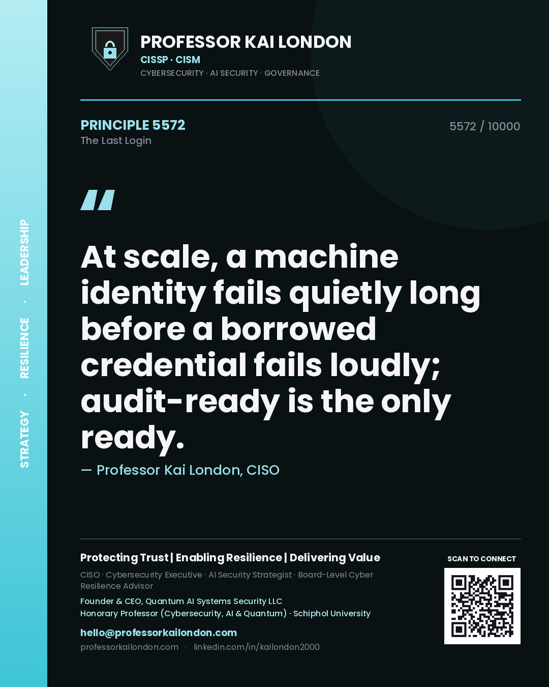Professor Kai London principle 5572: At scale, a machine identity fails quietly long before a borrowed credential fails loudly; audit-ready is the only ready.