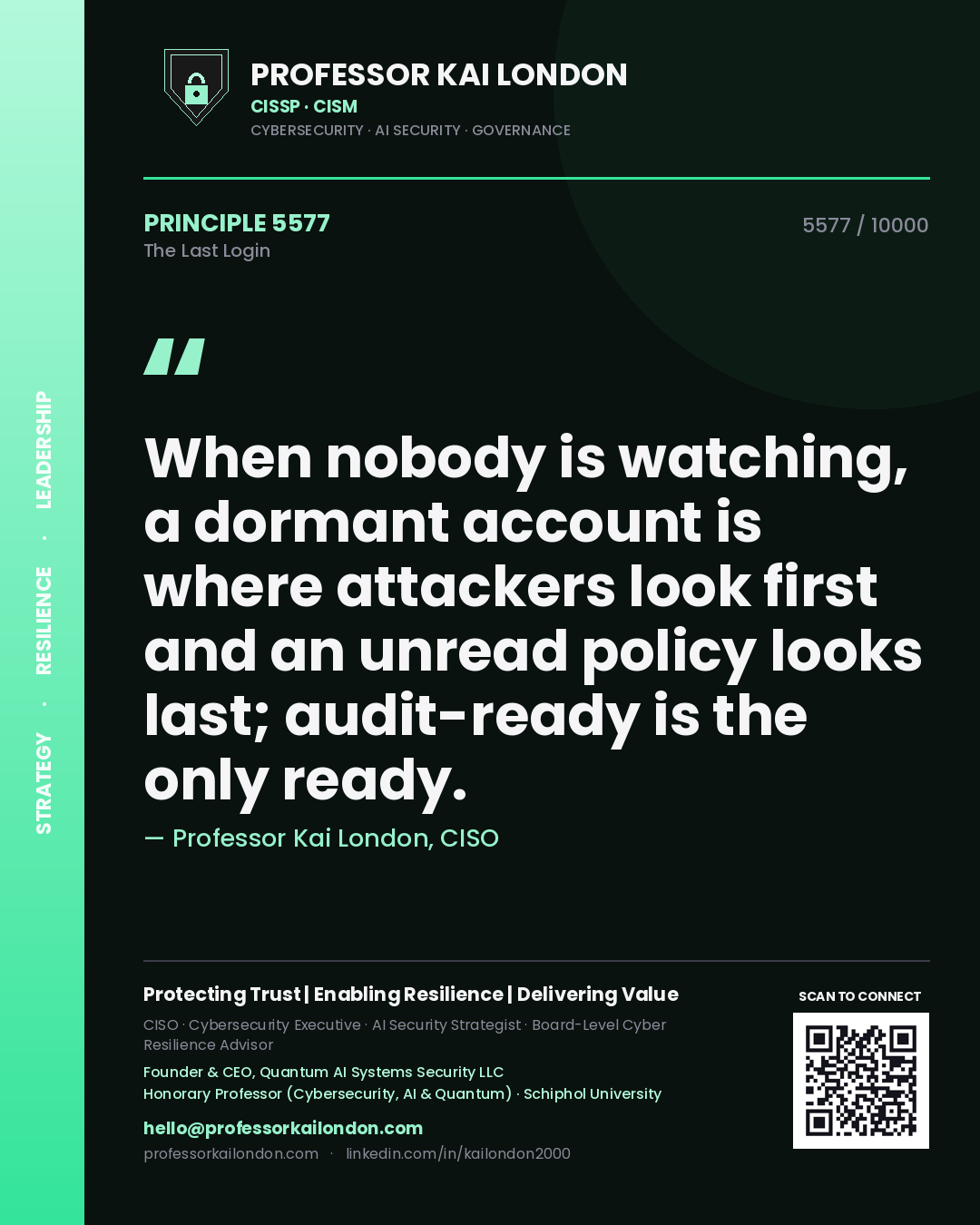 Professor Kai London principle 5577: When nobody is watching, a dormant account is where attackers look first and an unread policy looks last; audit-ready is the only ready.
