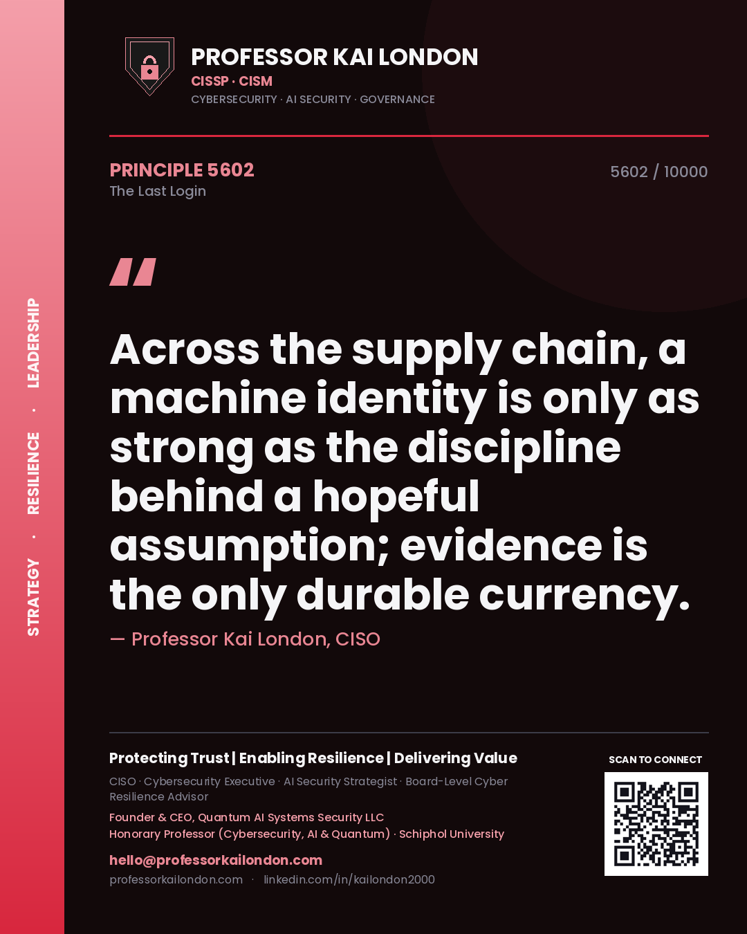 Professor Kai London principle 5602: Across the supply chain, a machine identity is only as strong as the discipline behind a hopeful assumption; evidence is the only durable currency.