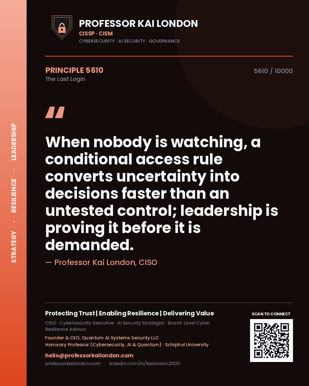 Quote card by Professor Kai London reading 'When nobody is watching, a conditional access rule converts uncertainty into decisions faster than an untested control; leadership is proving it before it is demanded.'. From the book The Last Login.