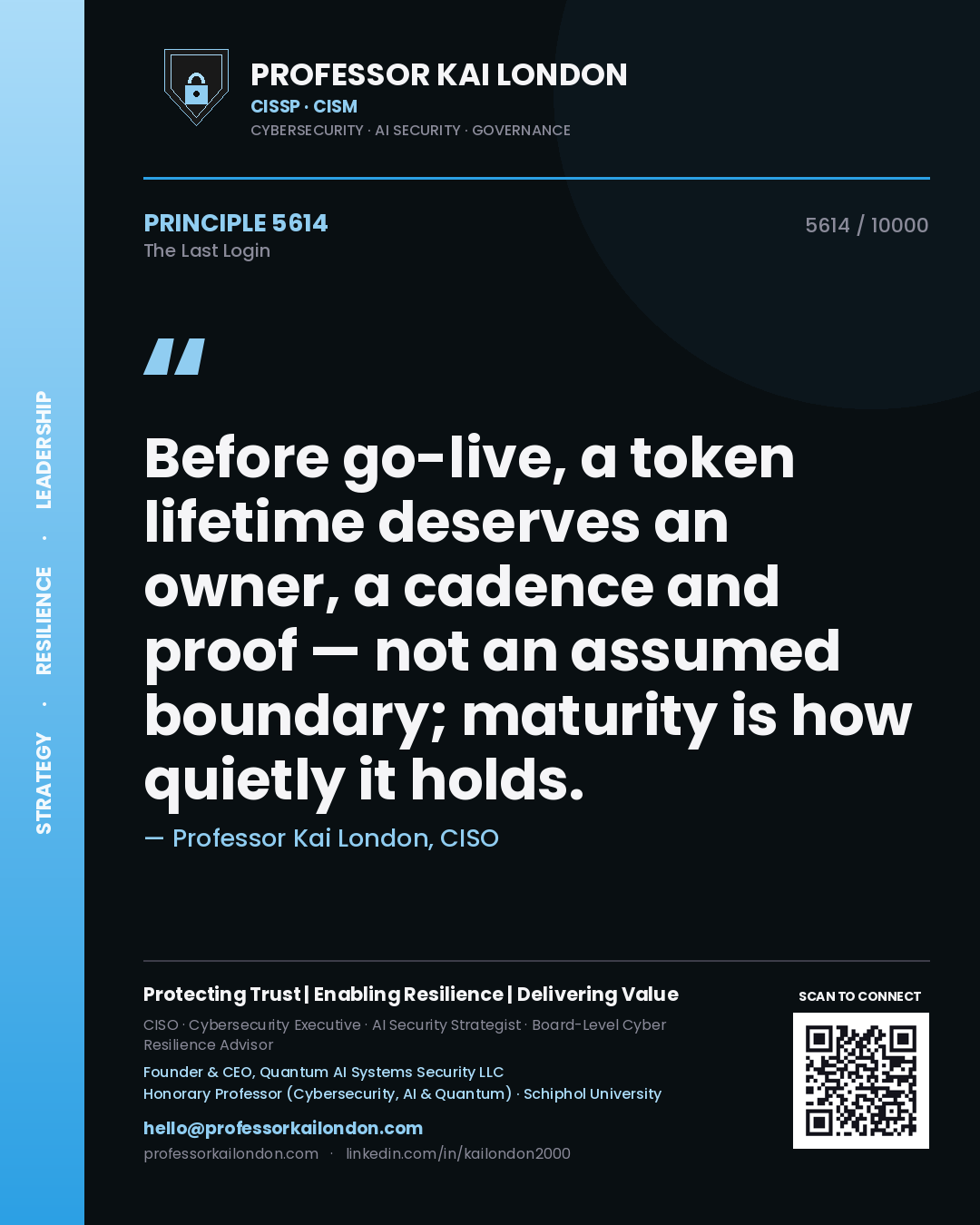 Professor Kai London principle 5614: Before go-live, a token lifetime deserves an owner, a cadence and proof — not an assumed boundary; maturity is how quietly it holds.
