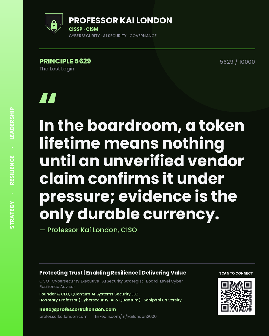 Professor Kai London principle 5629: In the boardroom, a token lifetime means nothing until an unverified vendor claim confirms it under pressure; evidence is the only durable currency.