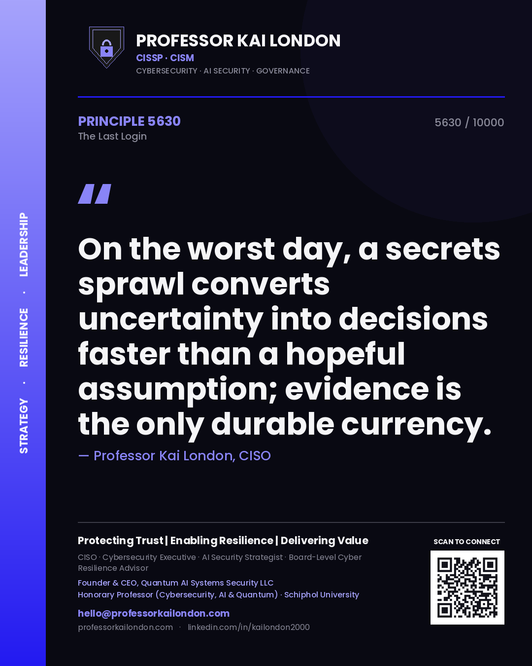 Quote card by Professor Kai London reading 'On the worst day, a secrets sprawl converts uncertainty into decisions faster than a hopeful assumption; evidence is the only durable currency.'. From the book The Last Login.