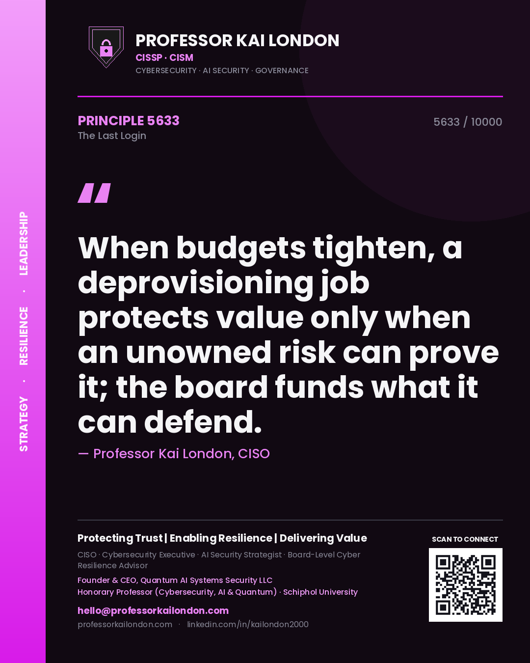 Professor Kai London principle 5633: When budgets tighten, a deprovisioning job protects value only when an unowned risk can prove it; the board funds what it can defend.