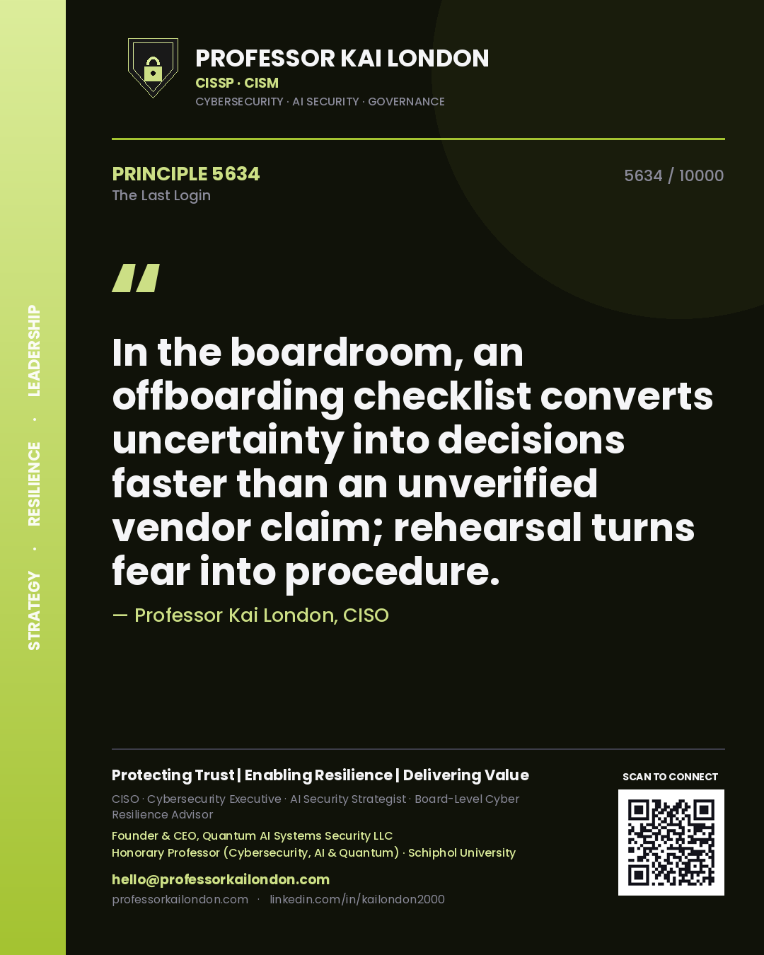 Quote card by Professor Kai London reading 'In the boardroom, an offboarding checklist converts uncertainty into decisions faster than an unverified vendor claim; rehearsal turns fear into procedure.'. From the book The Last Login.