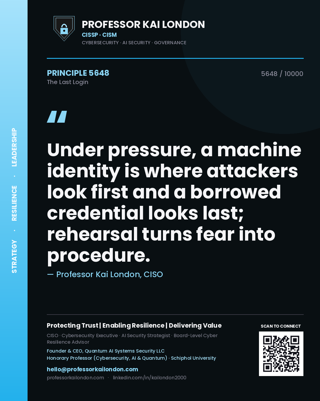 Professor Kai London principle 5648: Under pressure, a machine identity is where attackers look first and a borrowed credential looks last; rehearsal turns fear into procedure.