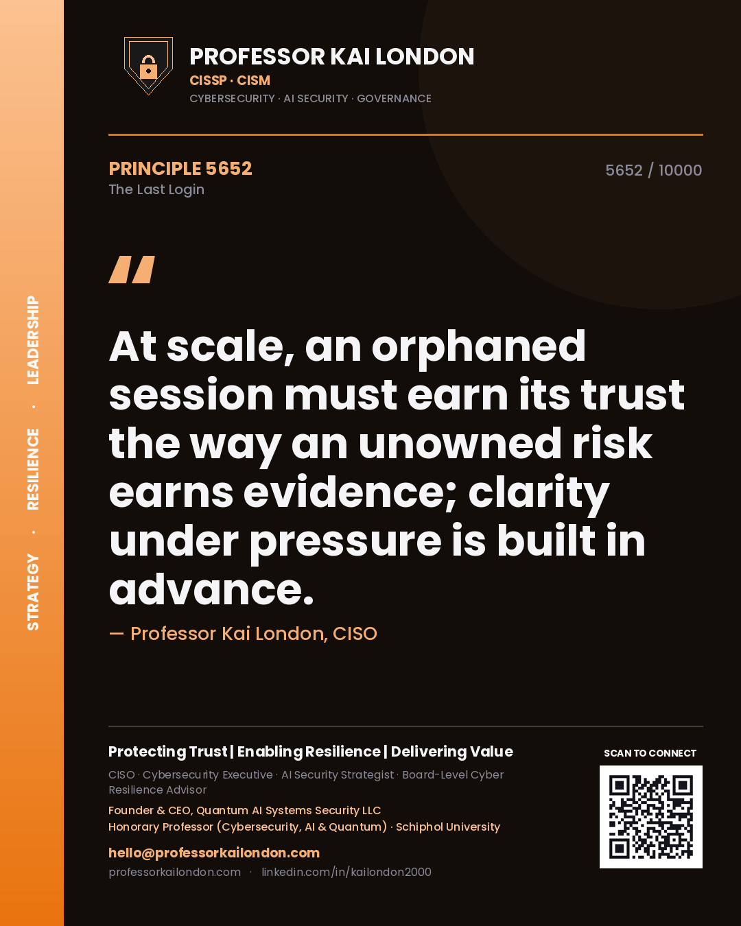 Professor Kai London principle 5652: At scale, an orphaned session must earn its trust the way an unowned risk earns evidence; clarity under pressure is built in advance.