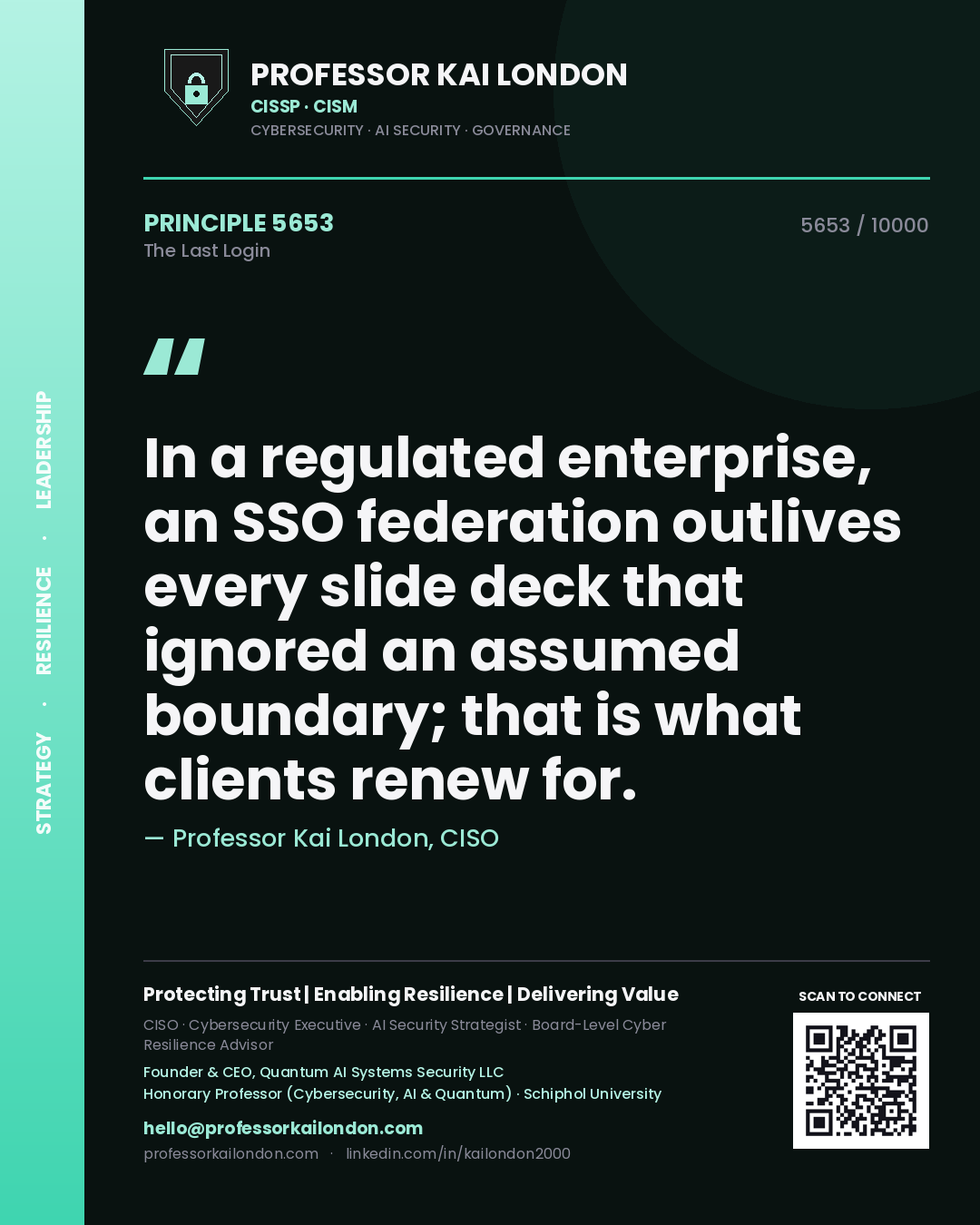 Professor Kai London principle 5653: In a regulated enterprise, an SSO federation outlives every slide deck that ignored an assumed boundary; that is what clients renew for.