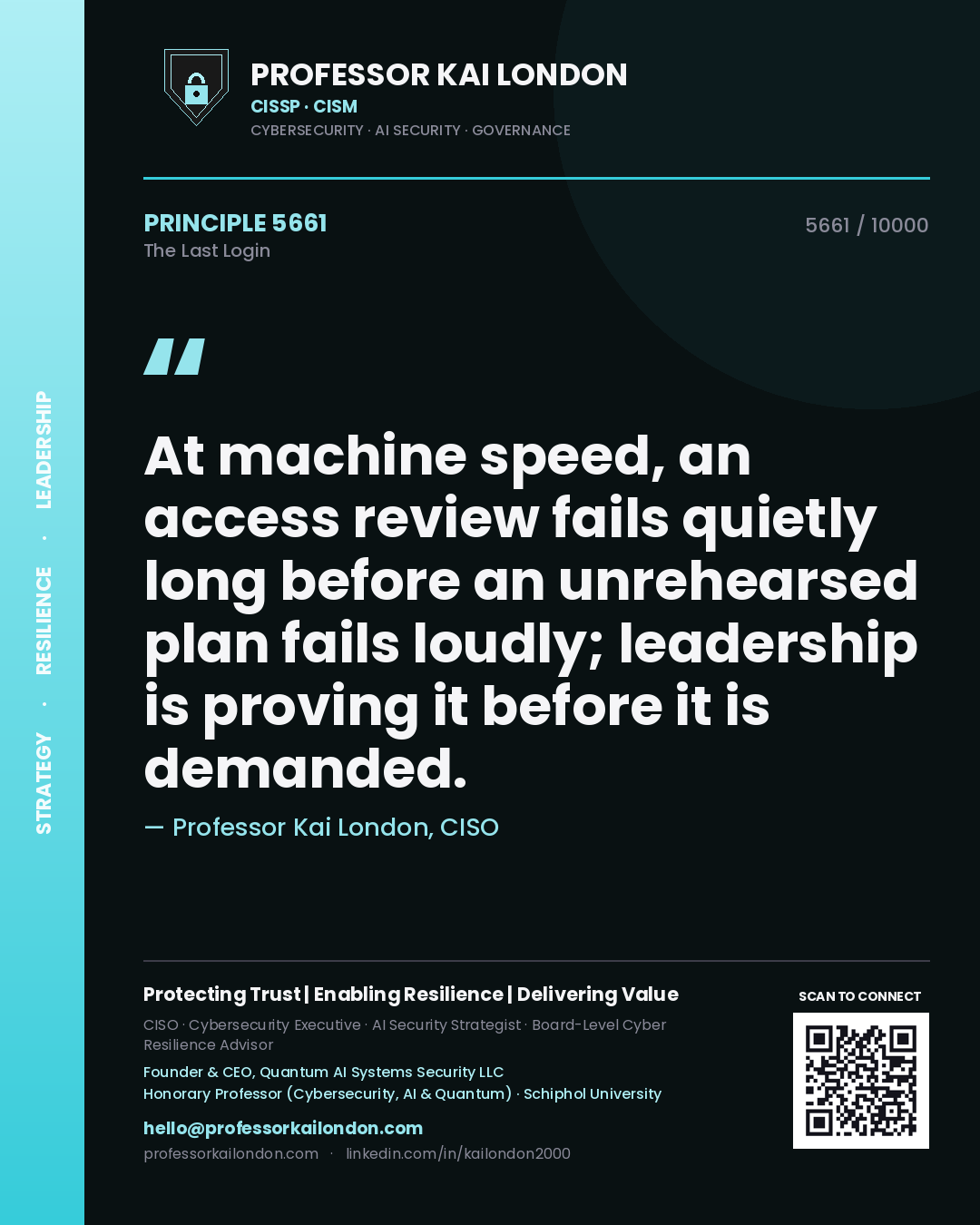 Professor Kai London principle 5661: At machine speed, an access review fails quietly long before an unrehearsed plan fails loudly; leadership is proving it before it is demanded.