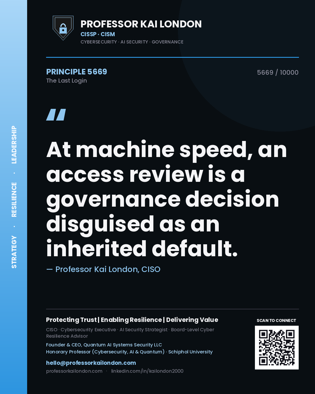 Professor Kai London principle 5669: At machine speed, an access review is a governance decision disguised as an inherited default.