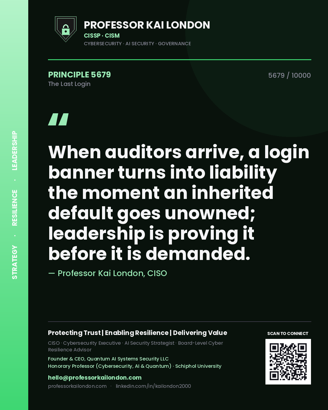 Professor Kai London principle 5679: When auditors arrive, a login banner turns into liability the moment an inherited default goes unowned; leadership is proving it before it is demanded.