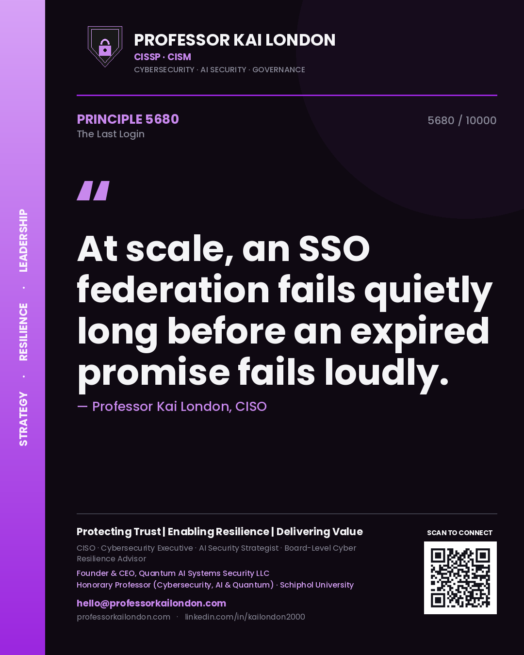 Quote card by Professor Kai London reading 'At scale, an SSO federation fails quietly long before an expired promise fails loudly.'. From the book The Last Login.