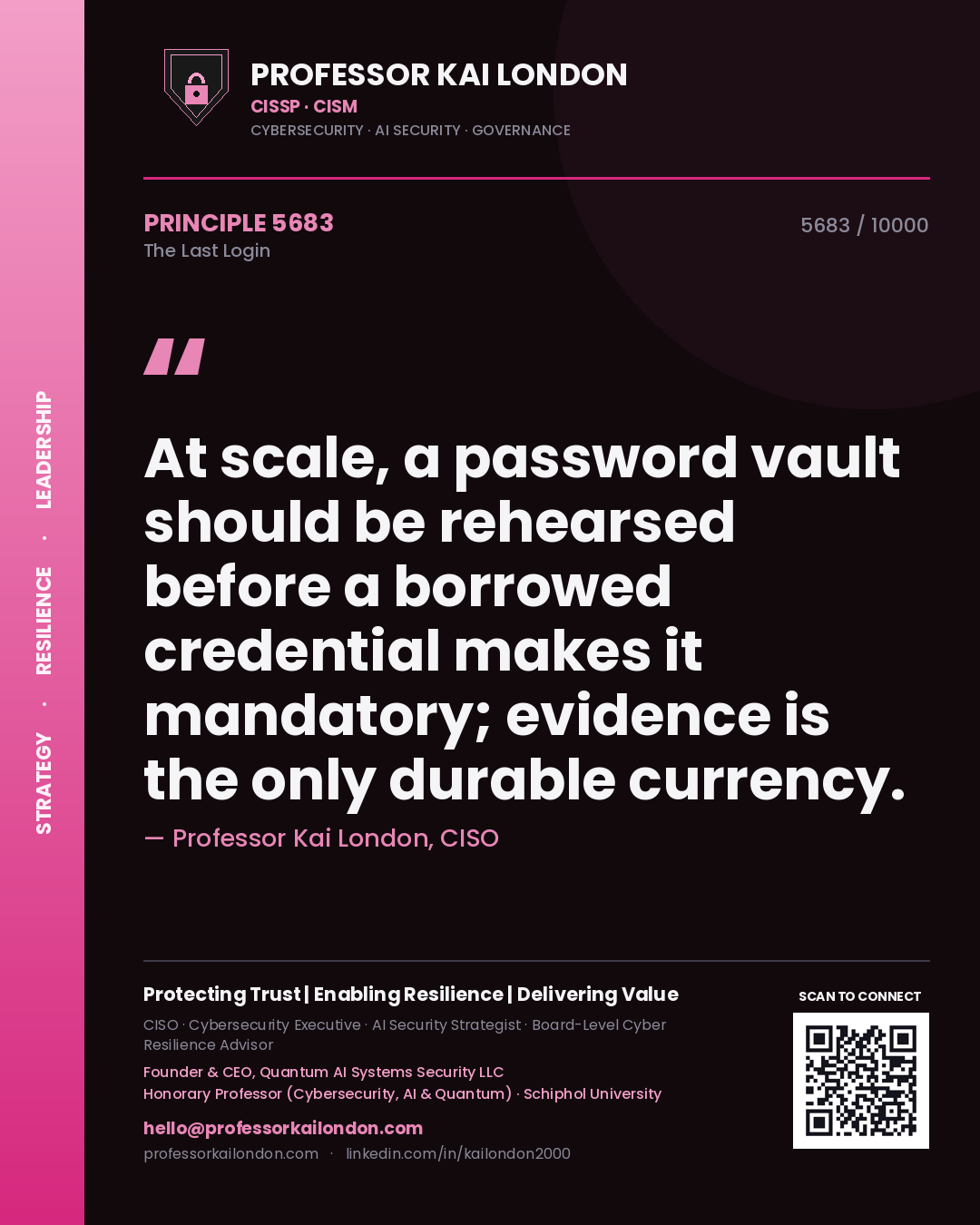 Quote card by Professor Kai London reading 'At scale, a password vault should be rehearsed before a borrowed credential makes it mandatory; evidence is the only durable currency.'. From the book The Last Login.