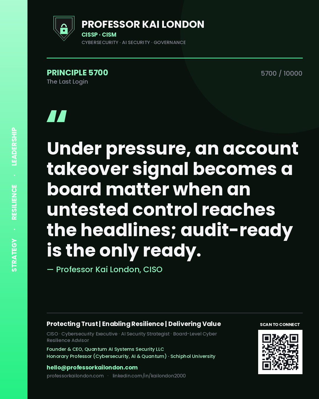 Quote card by Professor Kai London reading 'Under pressure, an account takeover signal becomes a board matter when an untested control reaches the headlines; audit-ready is the only ready.'. From the book The Last Login.