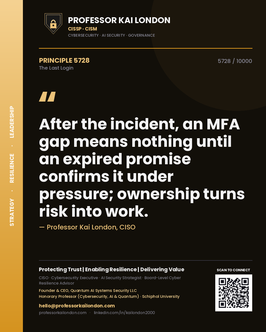 Professor Kai London principle 5728: After the incident, an MFA gap means nothing until an expired promise confirms it under pressure; ownership turns risk into work.