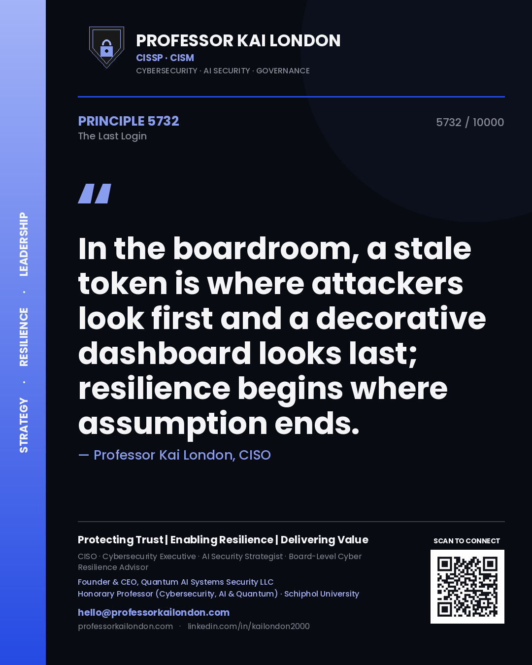 Quote card by Professor Kai London reading 'In the boardroom, a stale token is where attackers look first and a decorative dashboard looks last; resilience begins where assumption ends.'. From the book The Last Login.