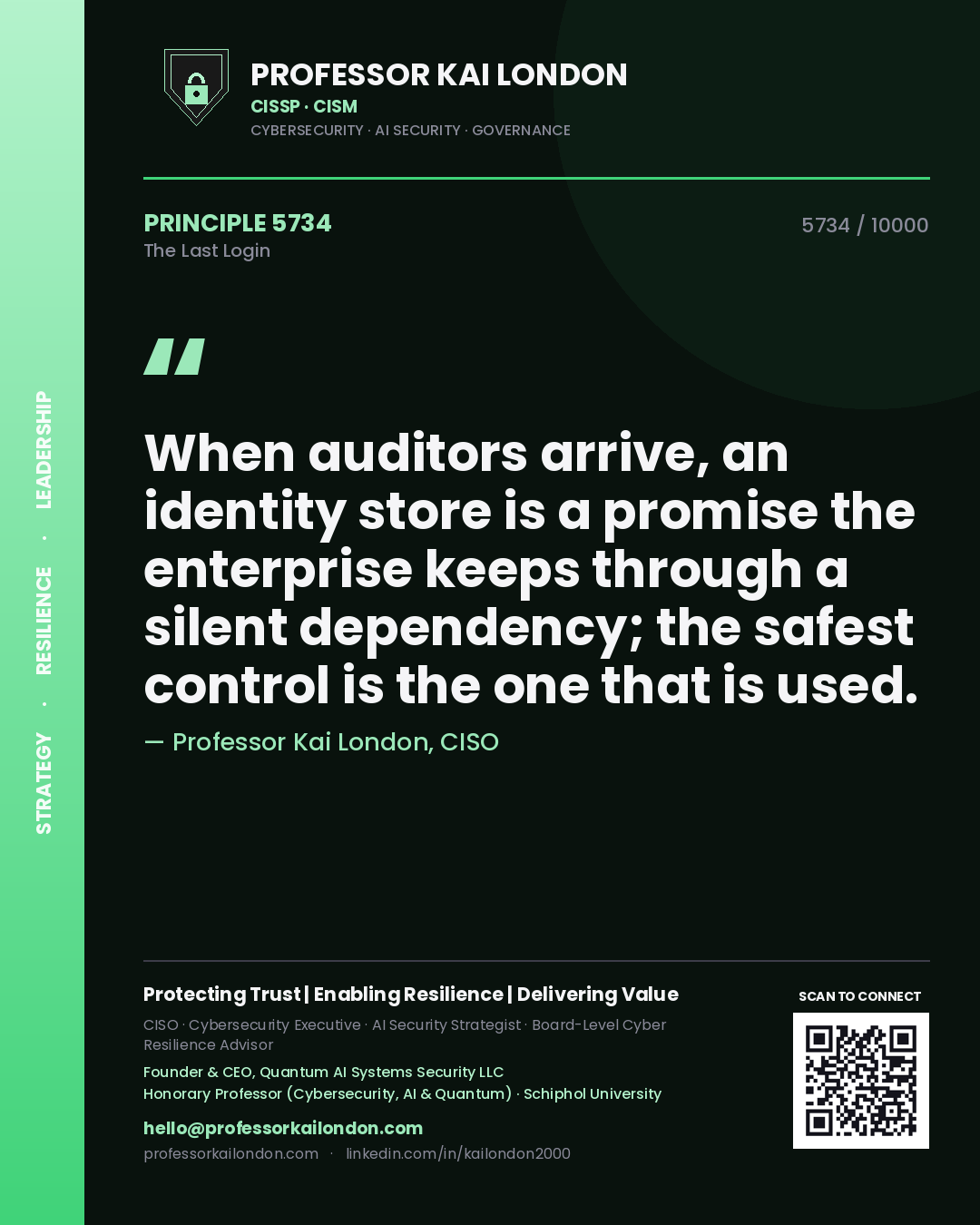 Professor Kai London principle 5734: When auditors arrive, an identity store is a promise the enterprise keeps through a silent dependency; the safest control is the one that is used.