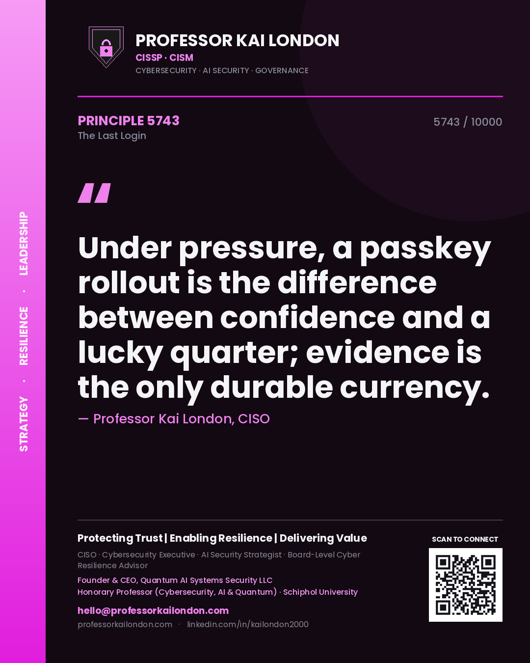Professor Kai London principle 5743: Under pressure, a passkey rollout is the difference between confidence and a lucky quarter; evidence is the only durable currency.
