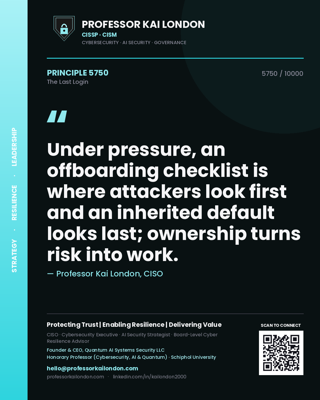 Professor Kai London principle 5750: Under pressure, an offboarding checklist is where attackers look first and an inherited default looks last; ownership turns risk into work.