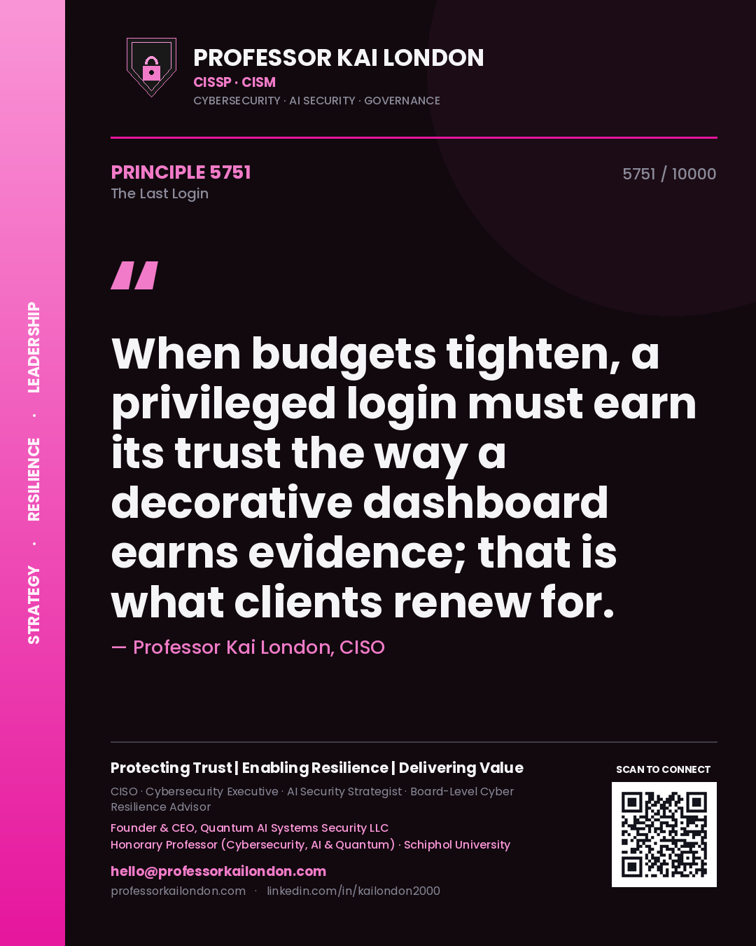 Quote card by Professor Kai London reading 'When budgets tighten, a privileged login must earn its trust the way a decorative dashboard earns evidence; that is what clients renew for.'. From the book The Last Login.