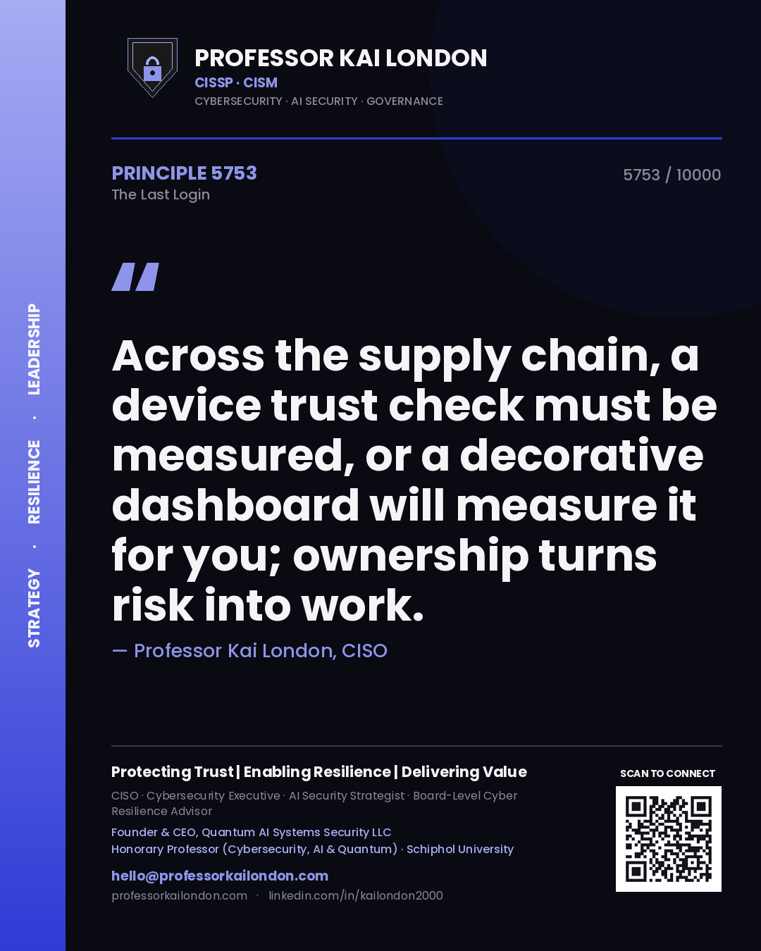 Professor Kai London principle 5753: Across the supply chain, a device trust check must be measured, or a decorative dashboard will measure it for you; ownership turns risk into work.