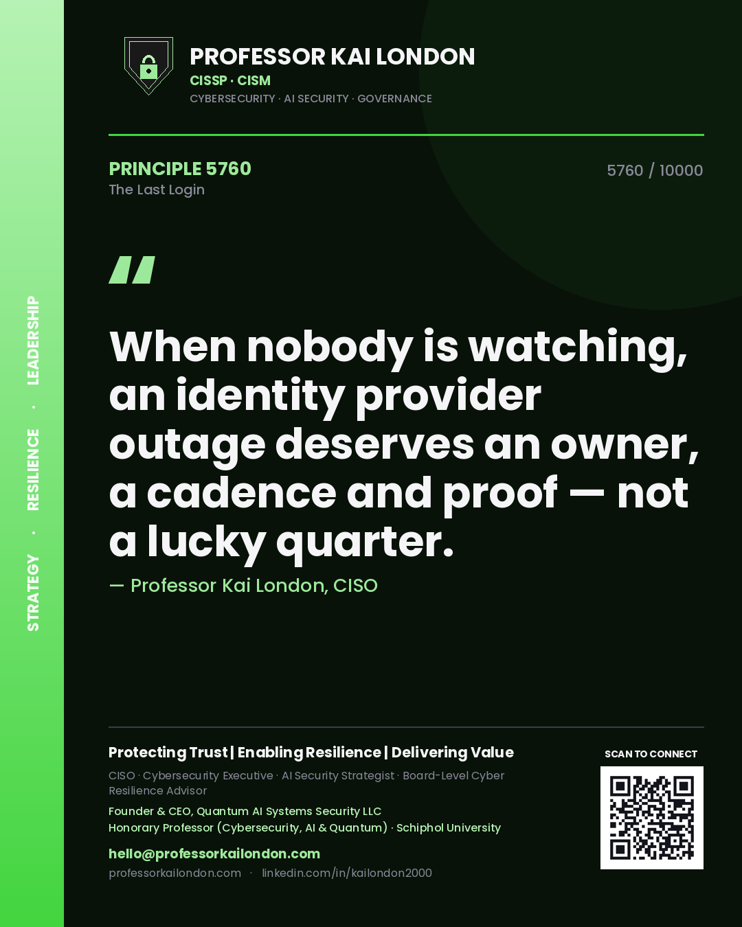 Professor Kai London principle 5760: When nobody is watching, an identity provider outage deserves an owner, a cadence and proof — not a lucky quarter.