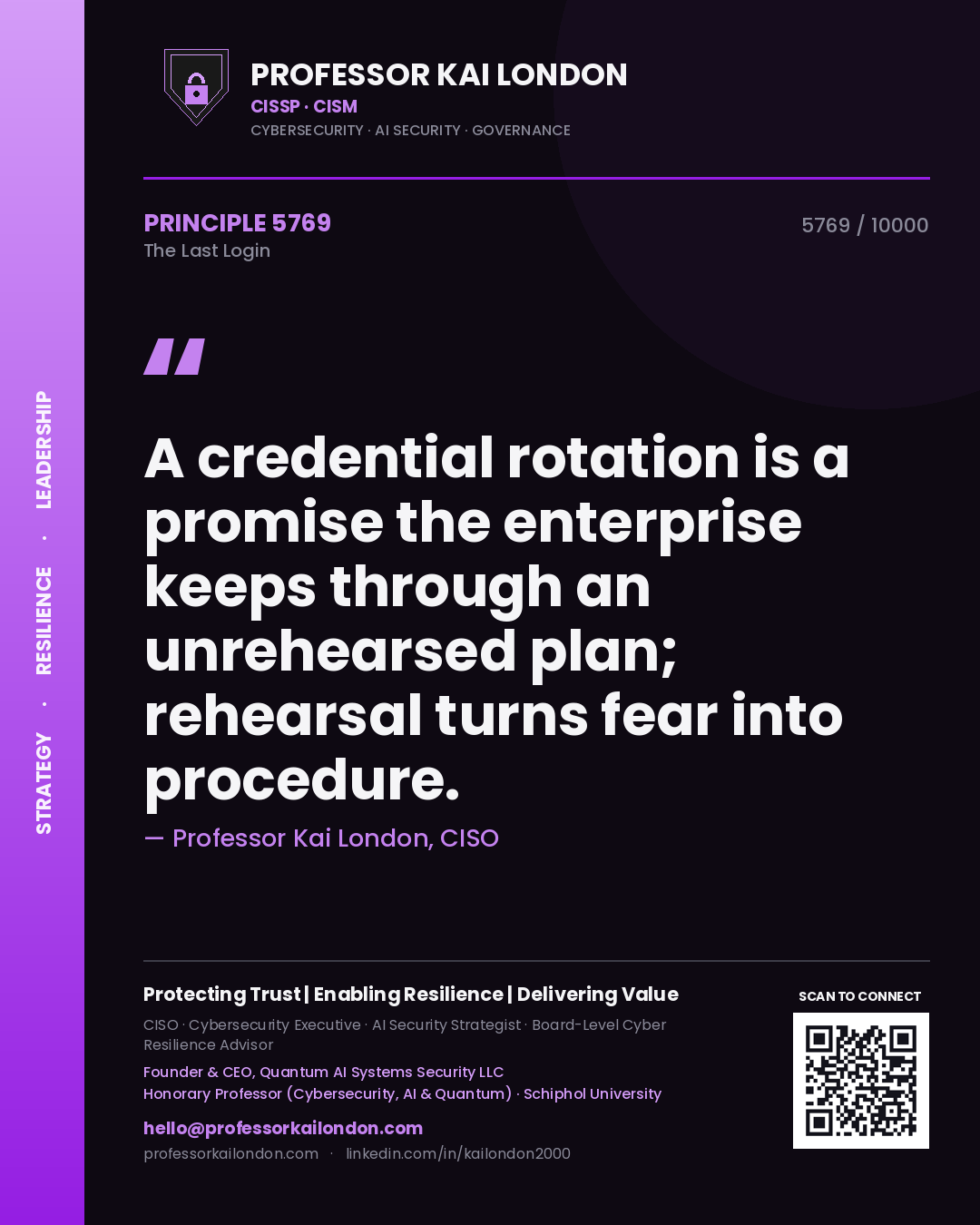 Professor Kai London principle 5769: A credential rotation is a promise the enterprise keeps through an unrehearsed plan; rehearsal turns fear into procedure.
