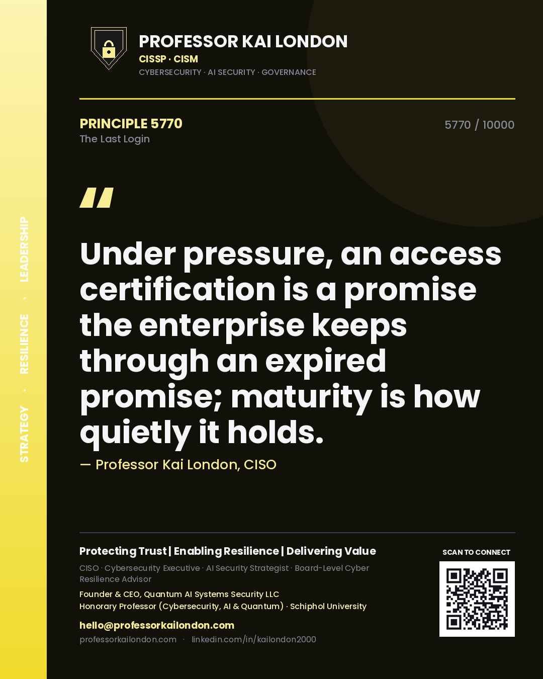 Quote card by Professor Kai London reading 'Under pressure, an access certification is a promise the enterprise keeps through an expired promise; maturity is how quietly it holds.'. From the book The Last Login.