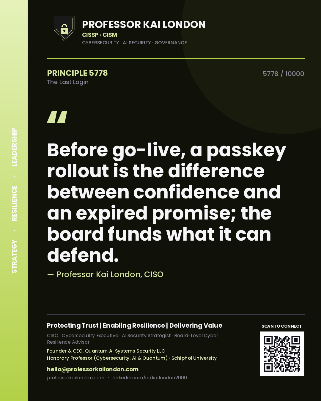Professor Kai London principle 5778: Before go-live, a passkey rollout is the difference between confidence and an expired promise; the board funds what it can defend.