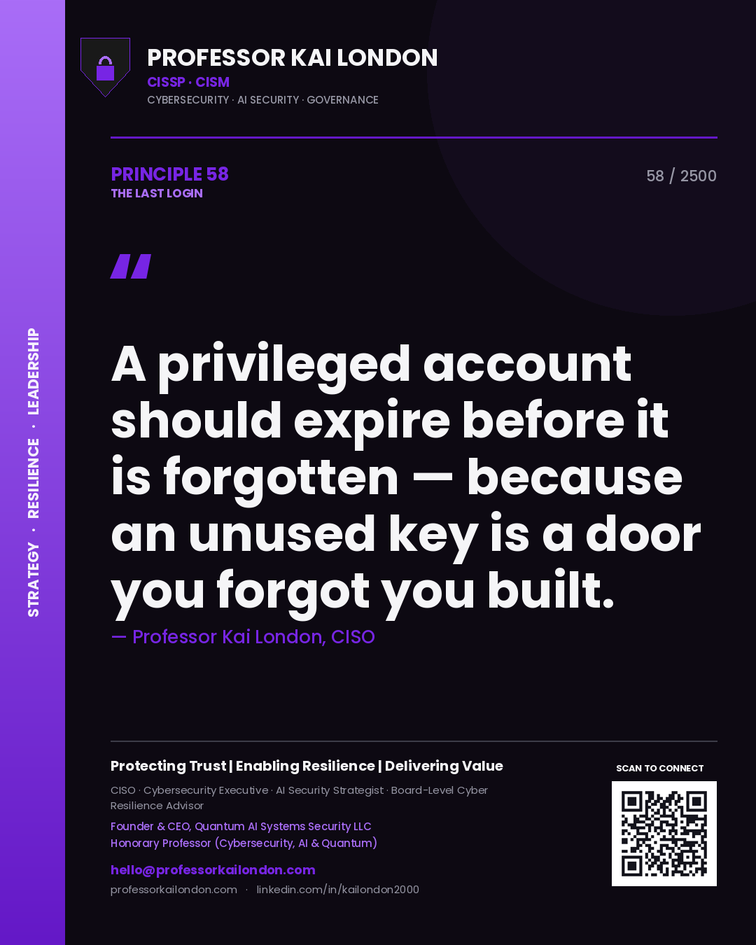 Professor Kai London principle 58: A privileged account should expire before it is forgotten — because an unused key is a door you forgot you built.
