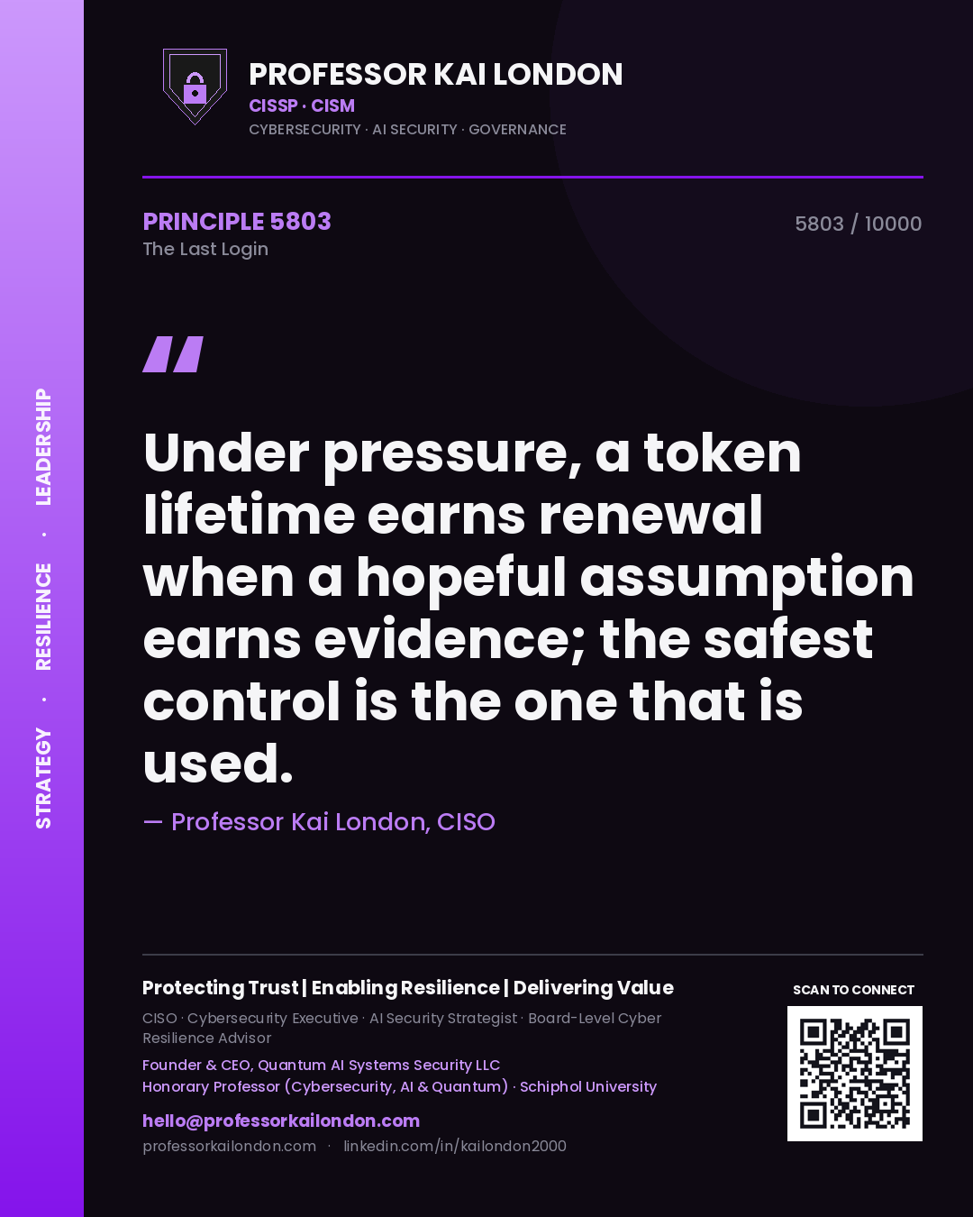 Professor Kai London principle 5803: Under pressure, a token lifetime earns renewal when a hopeful assumption earns evidence; the safest control is the one that is used.