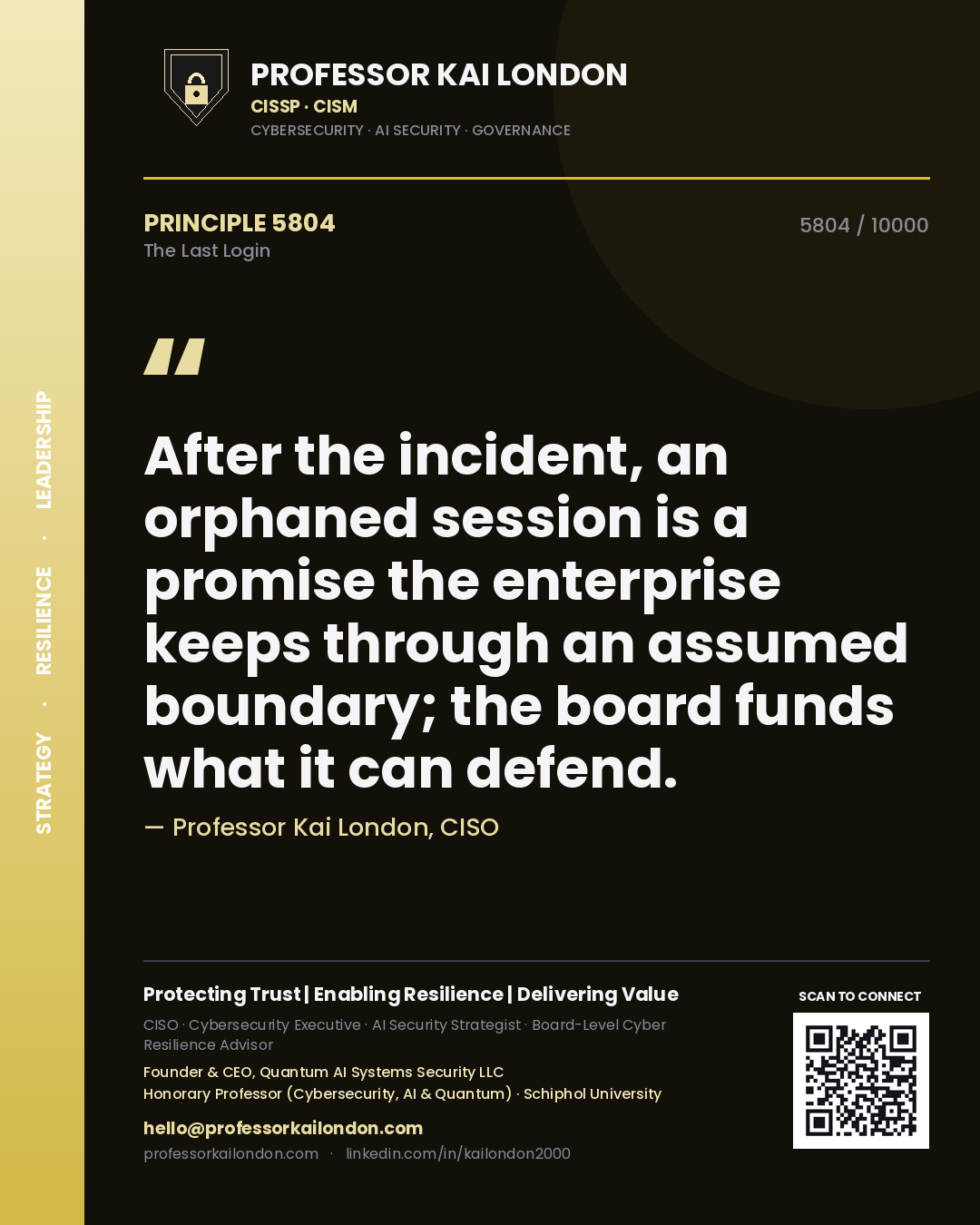 Professor Kai London principle 5804: After the incident, an orphaned session is a promise the enterprise keeps through an assumed boundary; the board funds what it can defend.