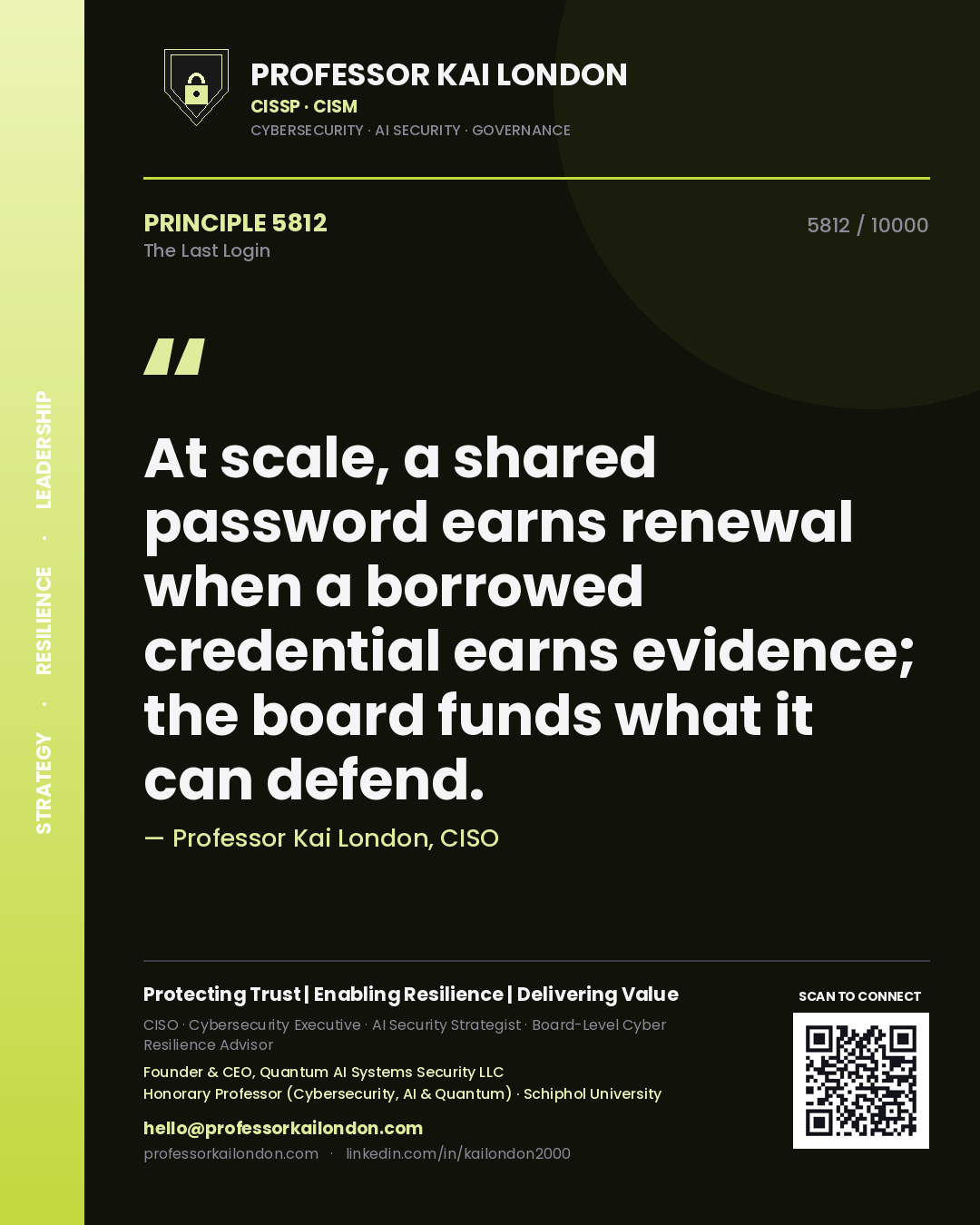Professor Kai London principle 5812: At scale, a shared password earns renewal when a borrowed credential earns evidence; the board funds what it can defend.