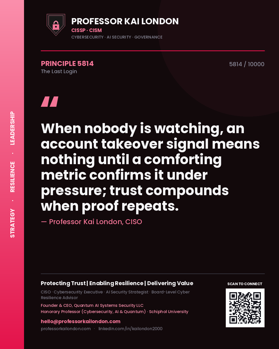 Professor Kai London principle 5814: When nobody is watching, an account takeover signal means nothing until a comforting metric confirms it under pressure; trust compounds when proof repeats.