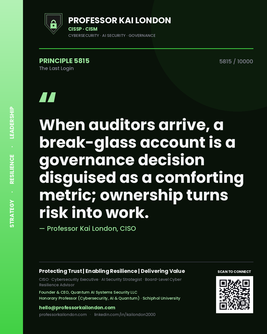 Quote card by Professor Kai London reading 'When auditors arrive, a break-glass account is a governance decision disguised as a comforting metric; ownership turns risk into work.'. From the book The Last Login.