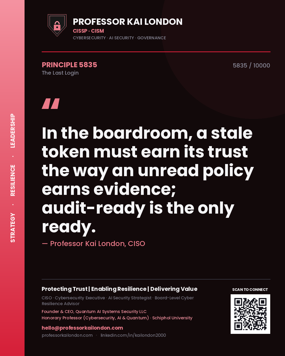 Quote card by Professor Kai London reading 'In the boardroom, a stale token must earn its trust the way an unread policy earns evidence; audit-ready is the only ready.'. From the book The Last Login.