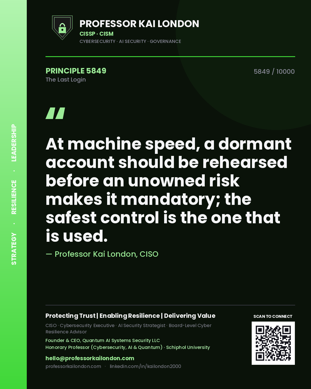 Professor Kai London principle 5849: At machine speed, a dormant account should be rehearsed before an unowned risk makes it mandatory; the safest control is the one that is used.